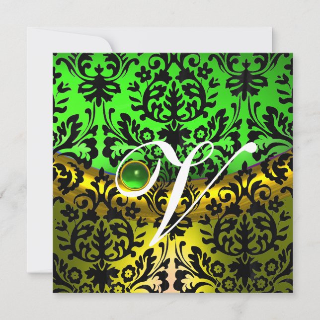 YELLOW GREEN EMERALD BLACK DAMASK MONOGRAMM EINLADUNG (Vorderseite)