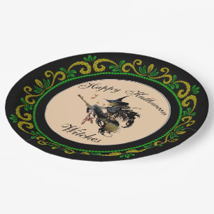 Yellow Green Happy Halloween Hexen Broom Pappteller