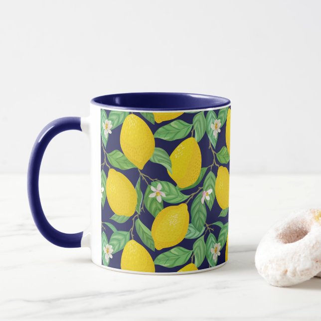 Yellow Green Navy Blue Lemon Muster Tasse (Mit Donut)
