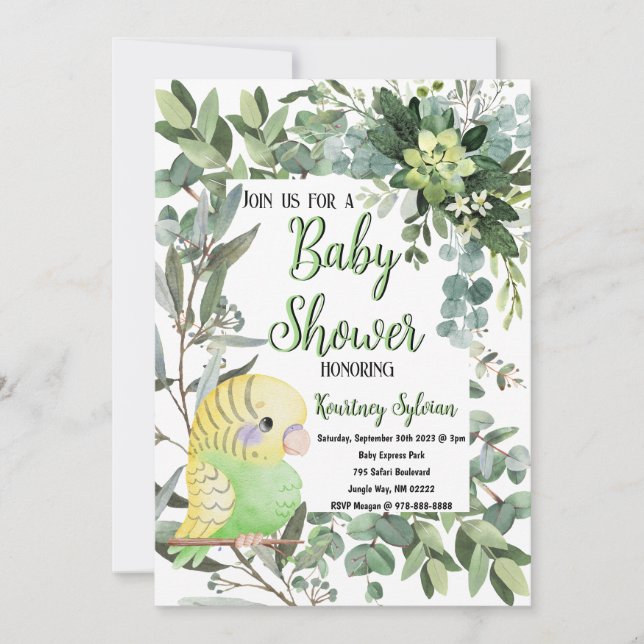 Yellow Green Parakeet Bird Watercolor Babydusche Einladung (Vorderseite)