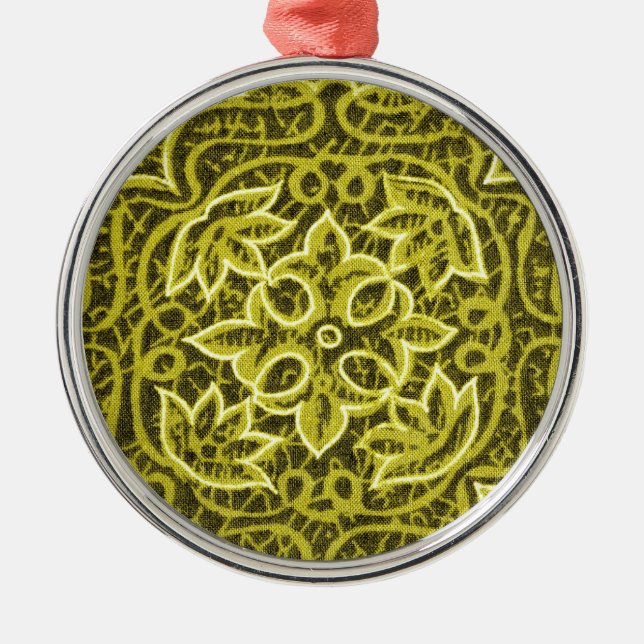 Yellow Green Patchwork Stoff Textur Silbernes Ornament (Vorne)