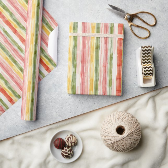 Yellow Green Pink Orange Stripes Birthday Geschenkpapier (Kunsthandwerk)