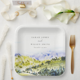 Yellow Green Watercolor Landschaft Hills Weddin Pappteller