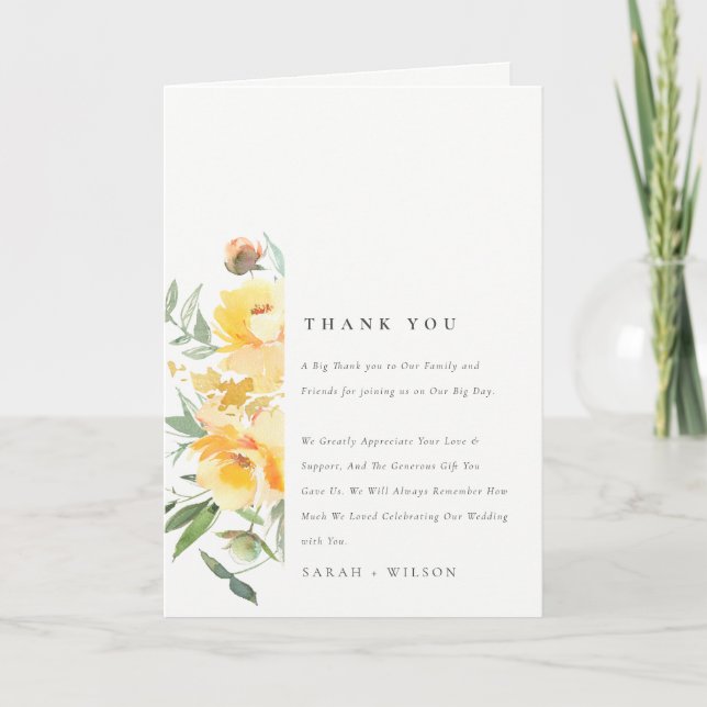 Yellow Green Watercolor Rose Blume Hochzeit Dankeskarte (Vorderseite)
