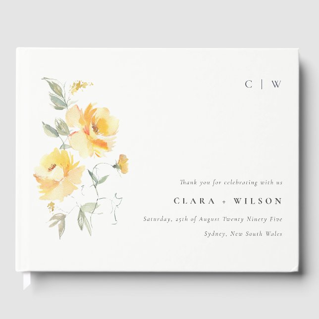 Yellow Green Watercolor Rose Blume Hochzeit Gästebuch (Vorderseite)