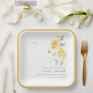 Yellow Green Watercolor Rose Blume Hochzeit Pappteller