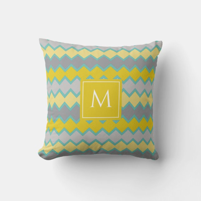 Yellow Grey Aqua Geometric Muster Monogram Kissen (Vorderseite)