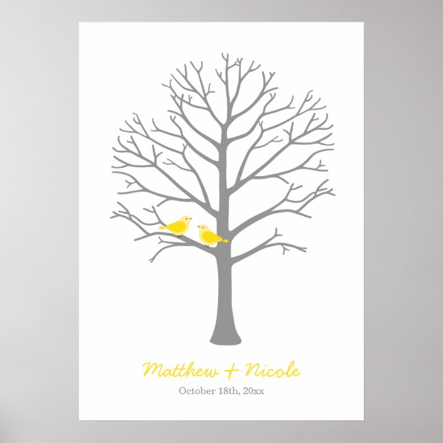 Yellow Grey Birds Fingerprint Tree Wedding Poster (Vorne)