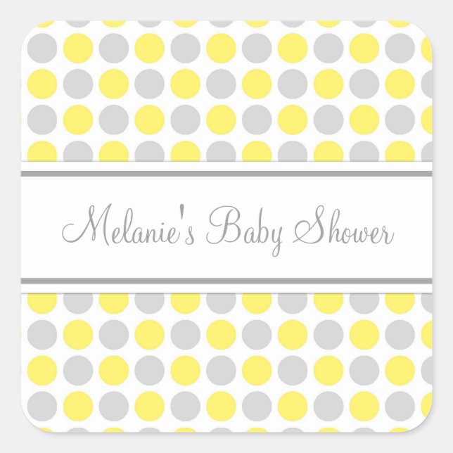 Yellow Grey Dots Baby Dusche Pflegeaufkleber Quadratischer Aufkleber (Vorderseite)