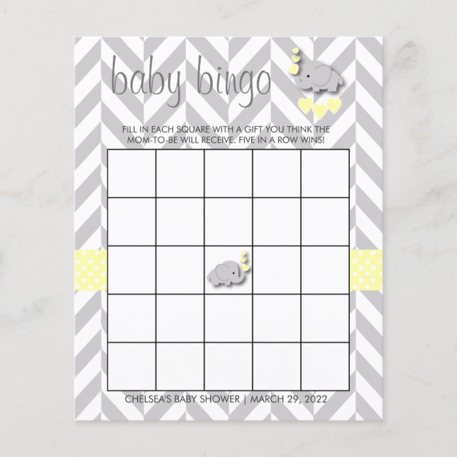 Yellow & Grey Elephant Baby Shower - Bingo Flyer (Vorne)