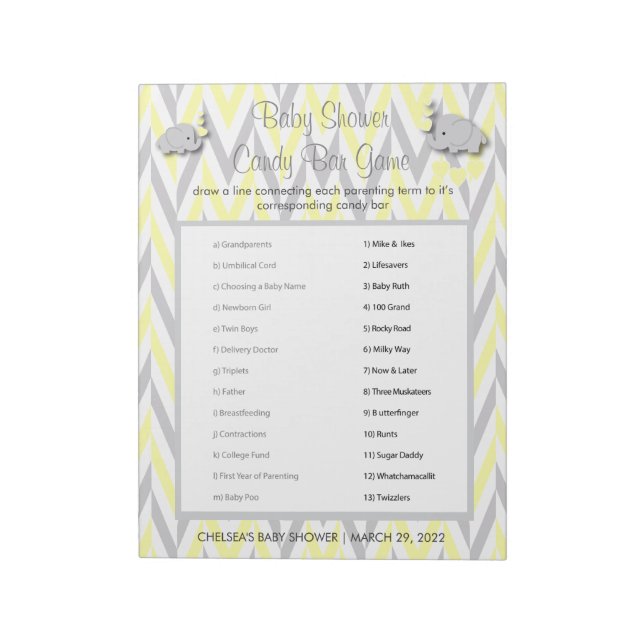 Yellow & Grey Elephant Baby Shower Candy Game Notizblock (Rotiert)