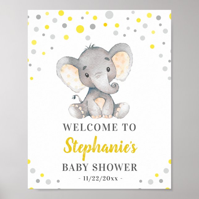 Yellow Grey Elephant Polka Dot Baby Dusche Willkom Poster (Vorne)