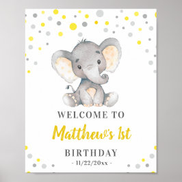 Yellow Grey Elephant Polka Dot Birthday Willkommen Poster
