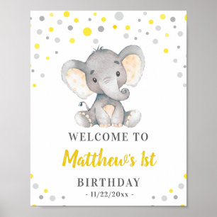 Yellow Grey Elephant Polka Dot Birthday Willkommen Poster
