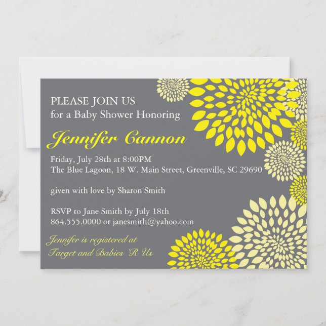 Yellow Grey Floral Modern Baby Shower Einladungen (Vorderseite)