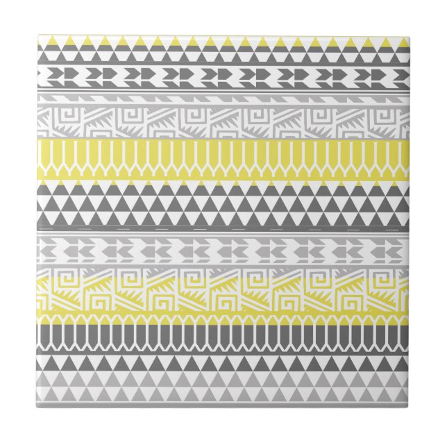 Yellow Grey Geometric Aztec Tribal Print Pattern Fliese (Vorderseite)