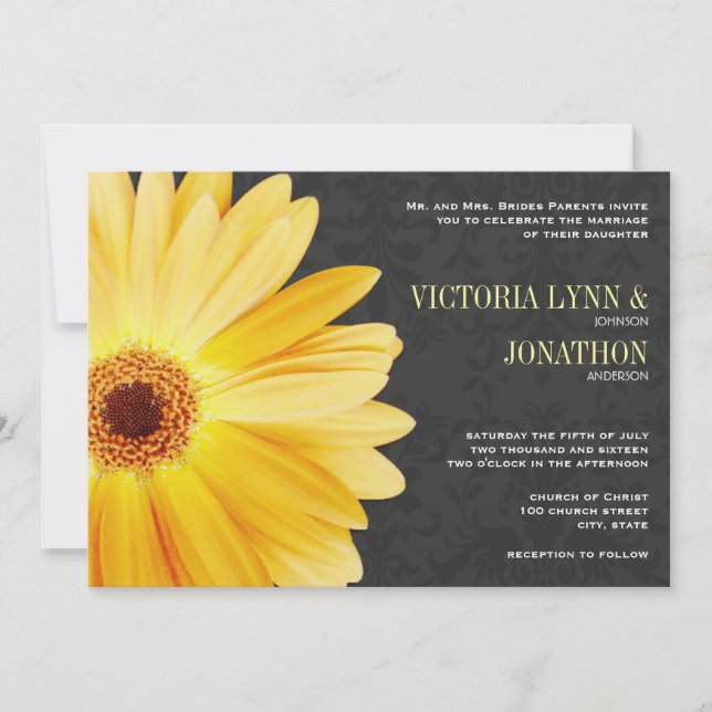 Yellow Grey Gerber Daisy Vintag Damask Wedding Einladung (Vorderseite)