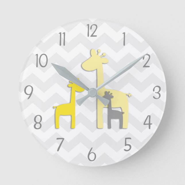 Yellow Grey Giraffe Kinderzimmer Wall Clock Runde Wanduhr (Vorderseite)