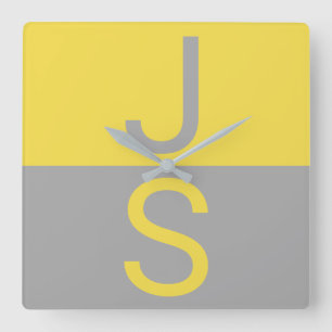 Yellow & Grey Modern Initials Monogram Quadratische Wanduhr