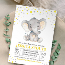 Yellow Grey Neutral Polka Dot Elephant Baby Dusche Einladung