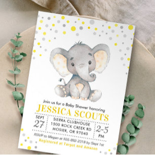 Yellow Grey Neutral Polka Dot Elephant Baby Dusche Einladung