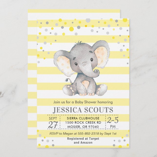 Yellow Grey Neutral Polka Dot Elephant Baby Dusche Einladung (Vorne/Hinten)