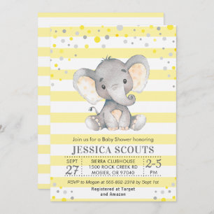 Yellow Grey Neutral Polka Dot Elephant Baby Dusche Einladung