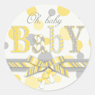Yellow & Grey Polka Dots Baby Dusche Runder Aufkleber