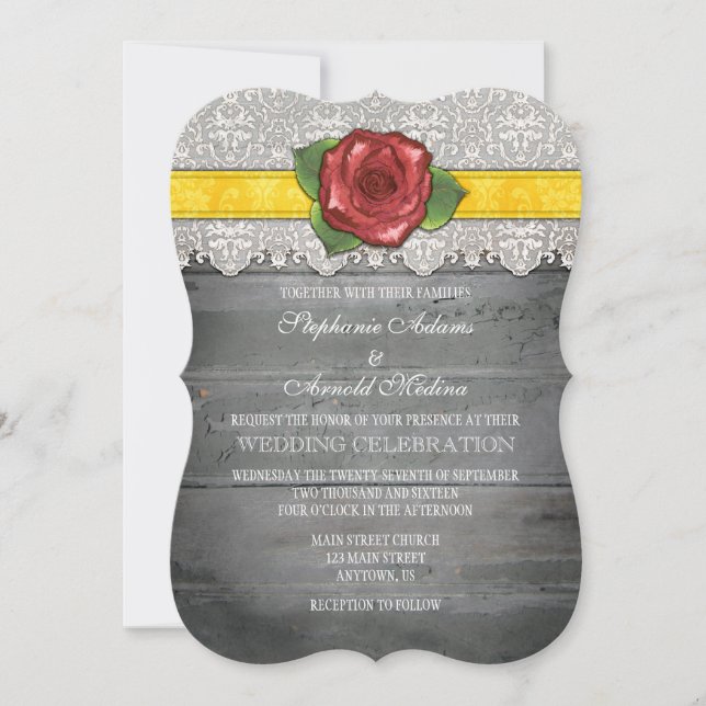 Yellow Grey Rustic Wood Rose Hochzeit Einladung (Vorderseite)