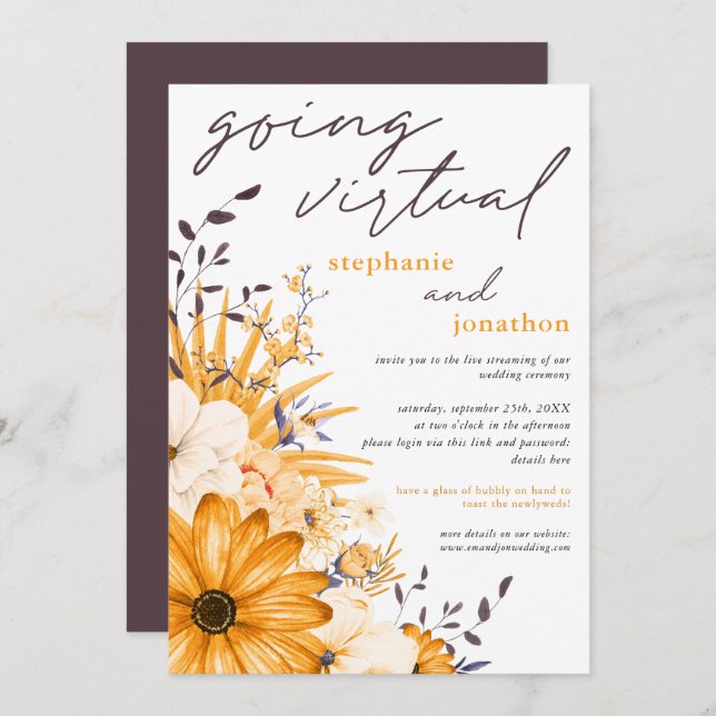 Yellow Grey Watercolor Florals Virtual Wedding Einladung (Vorne/Hinten)