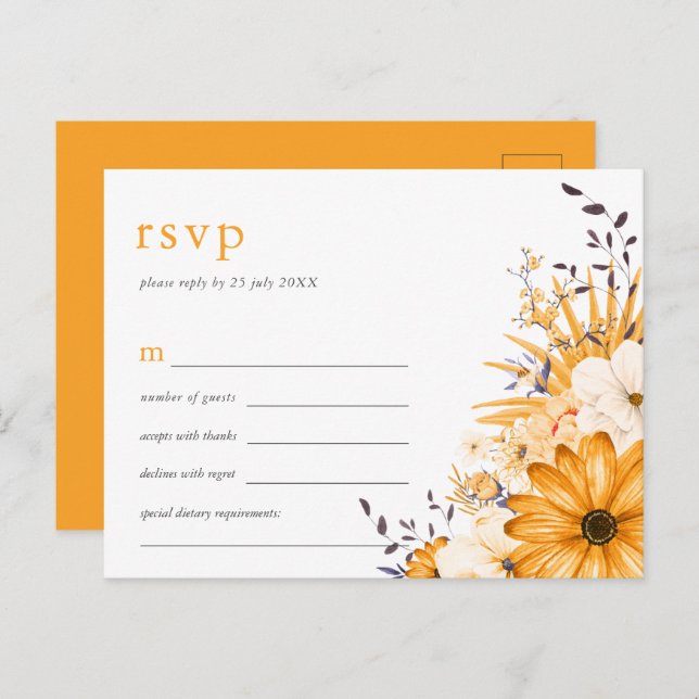 Yellow Grey Watercolor Florals Wedding RSVP Einladungspostkarte (Vorne/Hinten)
