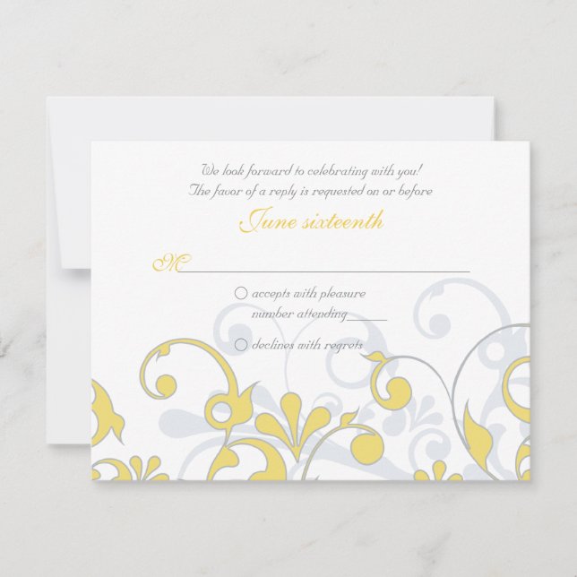 Yellow Grey White Abstrakt Floral Wedding RSVP Karte (Vorderseite)