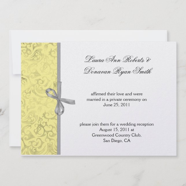 Yellow Grey White Damask Post Wedding Einladung (Vorderseite)