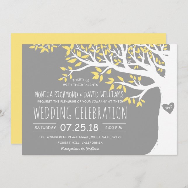Yellow Grey White Tree Rustic Vintage Wedding Einladung (Vorne/Hinten)
