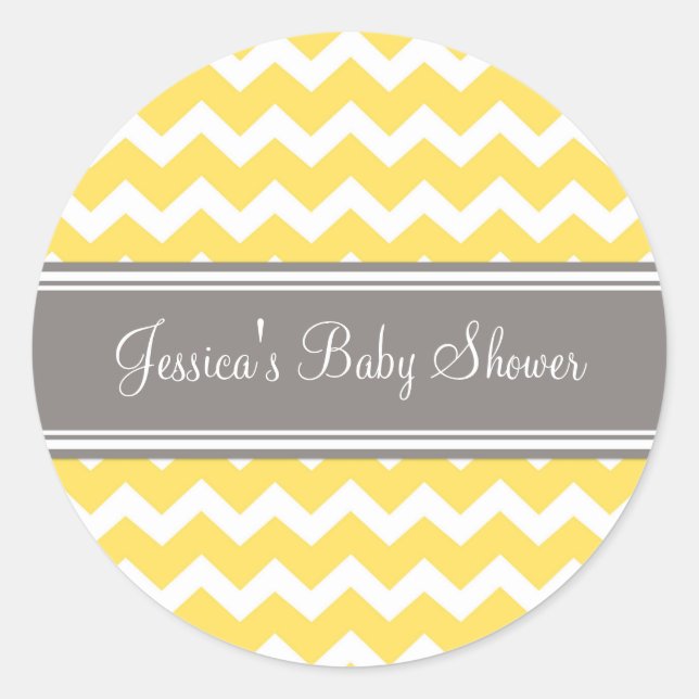 Yellow Grey Zickzack Baby Shower Pflegeaufkleber Runder Aufkleber (Vorderseite)