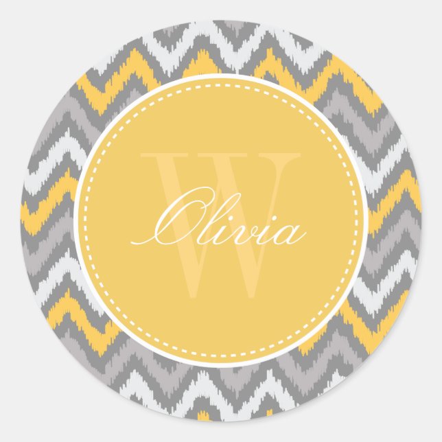 Yellow Grey Zigzag Ikat Pattern Monogram Runder Aufkleber (Vorderseite)
