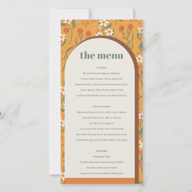Yellow Groovy Retro Arch Floral Wedding Menu Card Dankeskarte (Vorderseite)