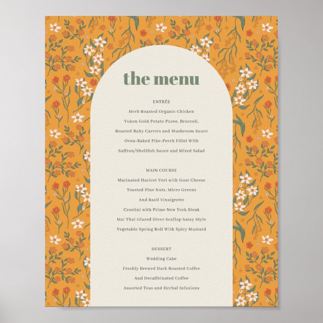 Yellow Groovy Retro Arch Floral Wedding Menu Post Poster (Vorne)