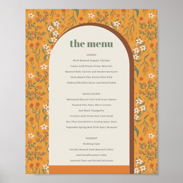 Yellow Groovy Retro Arch Floral Wedding Menu Poster (Vorne)