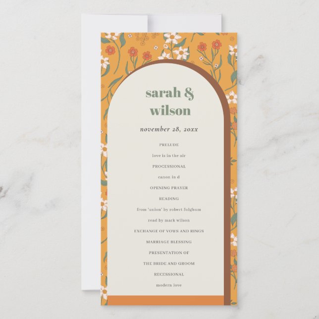 Yellow Groovy Retro Arch Floral Wedding Program Dankeskarte (Vorderseite)