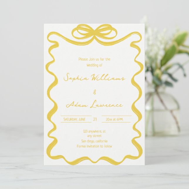 Yellow Hand Written Pinstripes Whimsical Wedding Einladung (Stehend Vorderseite)