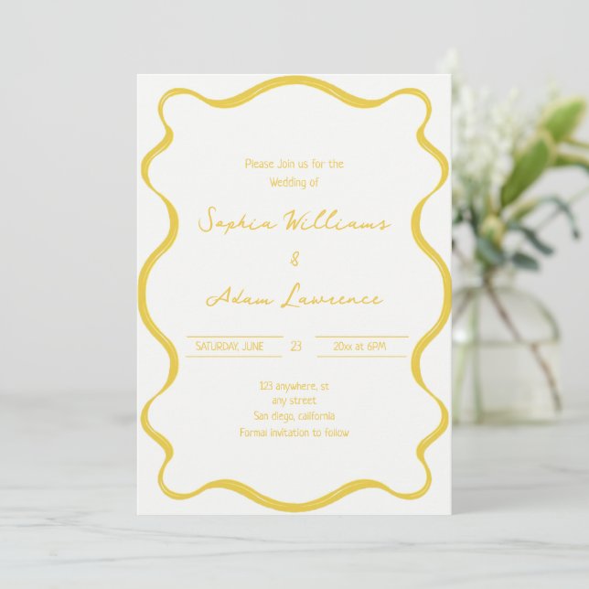 Yellow Hand Written Pinstripes Whimsical Wedding Einladung (Stehend Vorderseite)