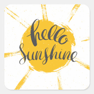 Yellow HandDrawn Sun Hello Sunshine Image Text Art Quadratischer Aufkleber
