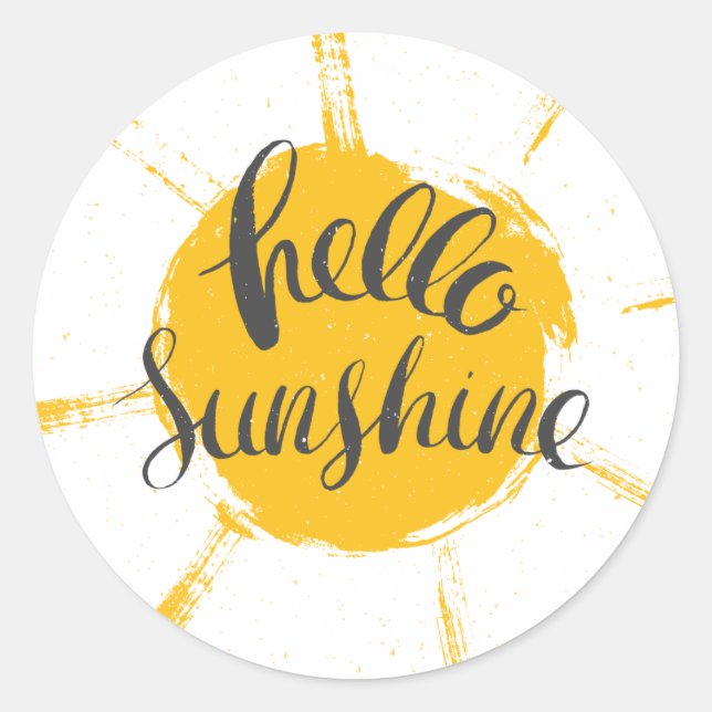 Yellow HandDrawn Sun Hello Sunshine Image Text Art Runder Aufkleber (Vorderseite)