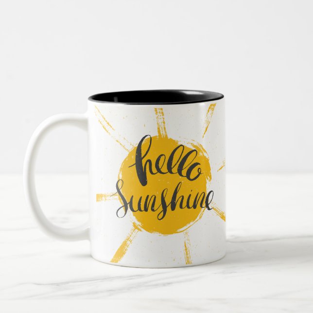 Yellow HandDrawn Sun Hello Sunshine Image Text Art Zweifarbige Tasse (Links)
