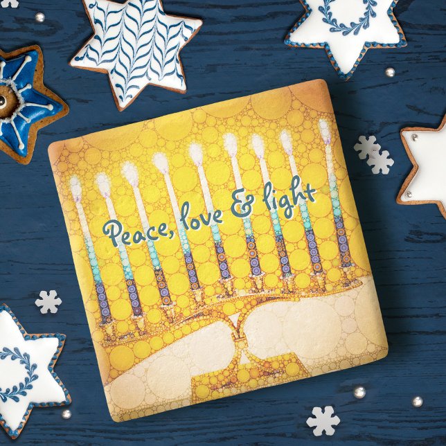 Yellow Hanukkah Menorah Peace Liebe Light Modern Steinuntersetzer (Von Creator hochgeladen)