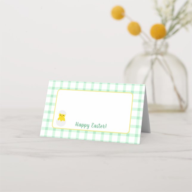 Yellow Happy Spring Chick Easter Green Check Platzkarte (Vorderseite)