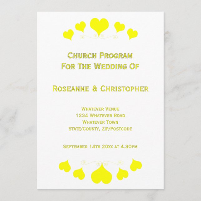 Yellow Hearts Design Hochzeit Programm (Vorderseite)