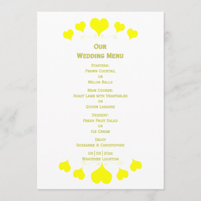 Yellow Hearts Design Wedding Menükarte (Vorderseite)