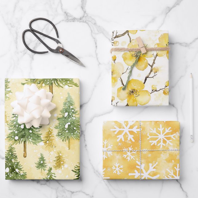 Yellow Honey Christmas Trees Floral Christmas Snow Geschenkpapier Set (Vorderseite)